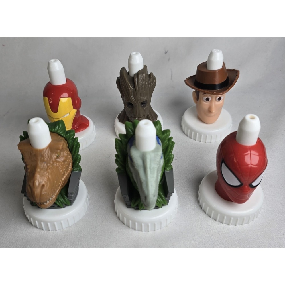 Good‎ 2 Grow Bottle Tops Set Of 6 Woody Groot Spiderman Ironman Jurassic Park